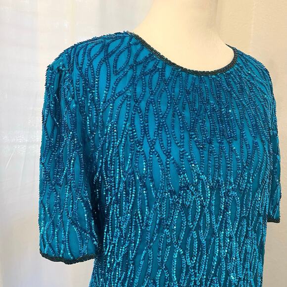 Vintage Laurence Kazar Sequin Sheath Dress L Silk Blue Beaded Party Costume 80s - Picture 2 of 16